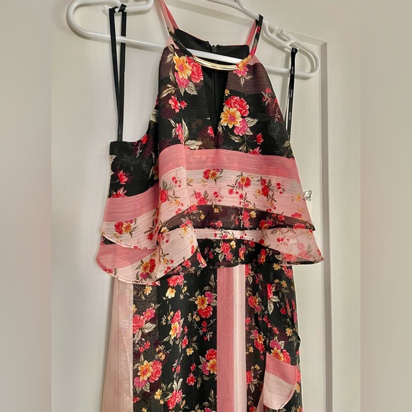 Kensie multicolor stripe floral patchwork chiffon lined midi maxi ruffle size 2 - Picture 3 of 15